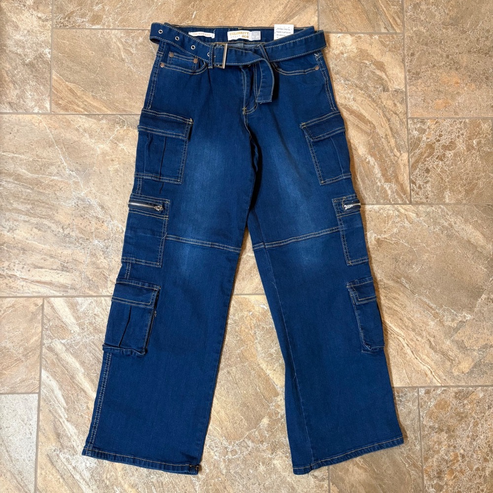NWT Celebrity Ace Women's Blue Denim Wide Leg Cargo Jeans Size‎ 9 29 Belted